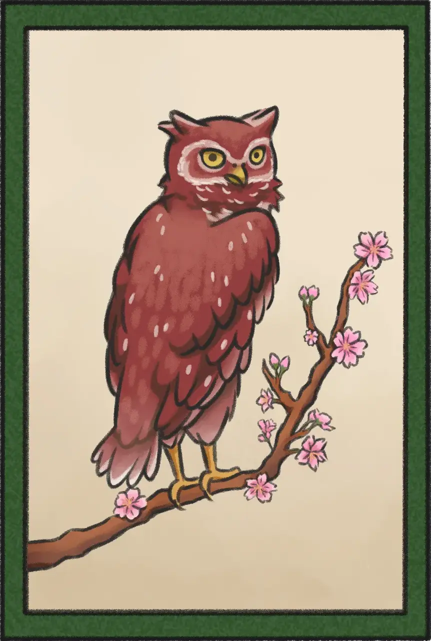 Reading card: a crimson owl perched on a cherry-blossom branch, with a five-line poem in Japanese
